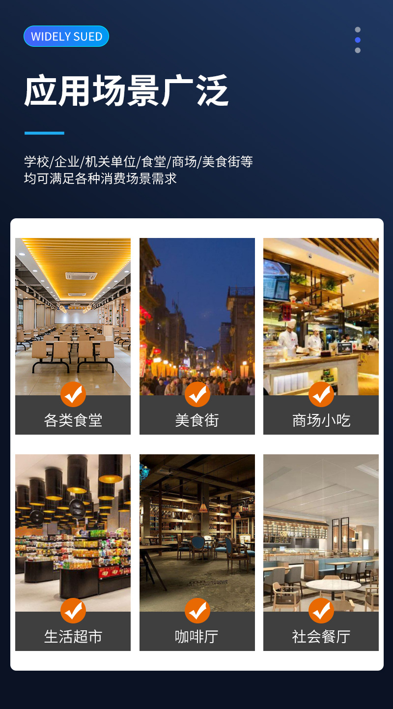 應(yīng)用場景廣泛,學(xué)校、企業(yè)、機關(guān)單位、食堂、商場、美食街等,均可滿足各類消費場景需求