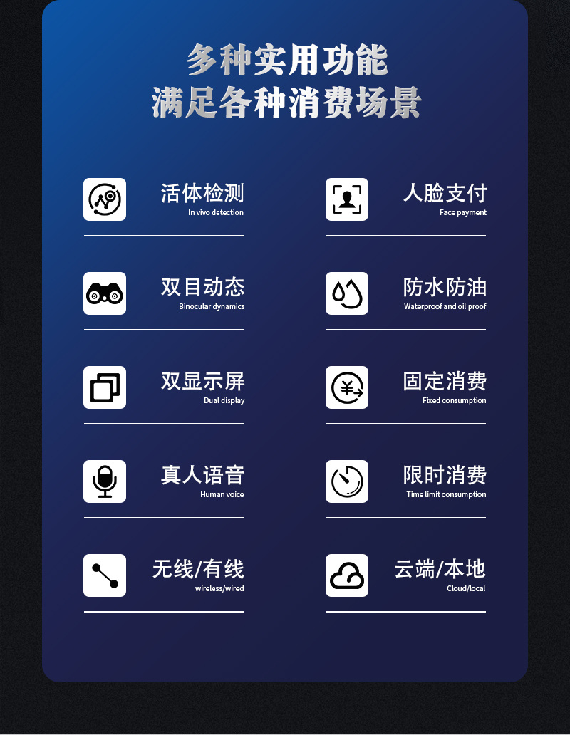 多種消費(fèi)實(shí)用功能，人臉支付、活體檢測、防水防油、固定消費(fèi)