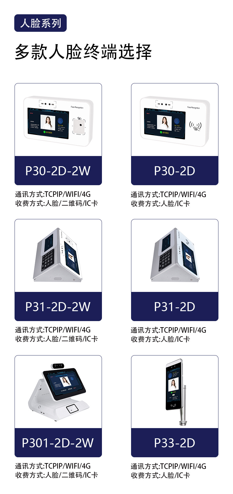 多款人臉終端，P30、P31、P301、P33，人臉二維碼IC卡收費(fèi)