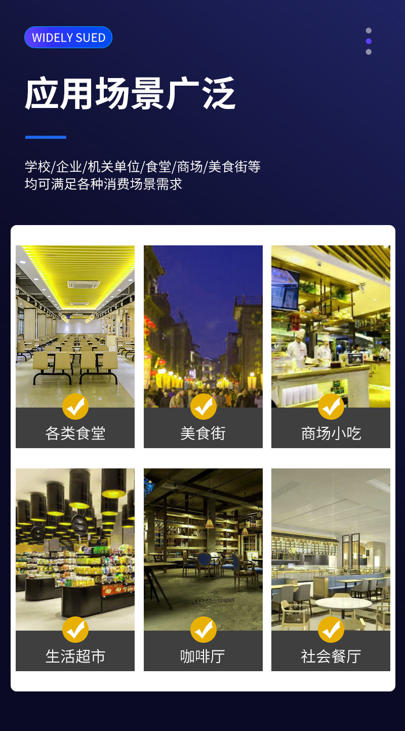 適用多種消費(fèi)場景，食堂、美食街、商場、超市、餐廳